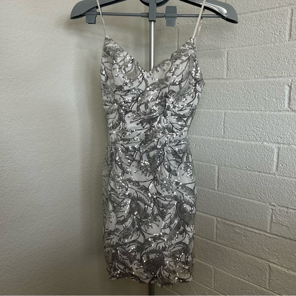 Glam,Preppy Party, Backless Ribbon-Tie Mini Dress, Silver Sequin Details